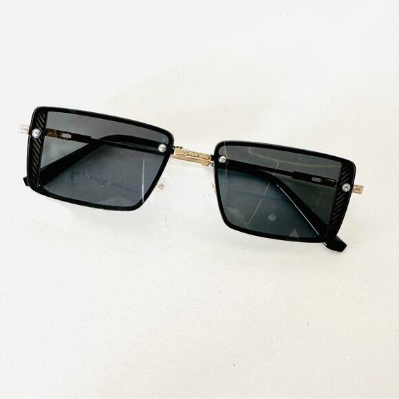 VINTAGE Y2K 90s Gold Metal Square Black Mini Etched Sunglasses Unisex Sunnies - Picture 12 of 12